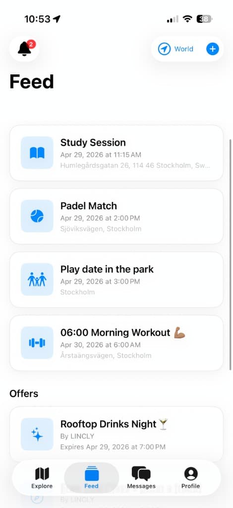 Lincly app event details and interactions